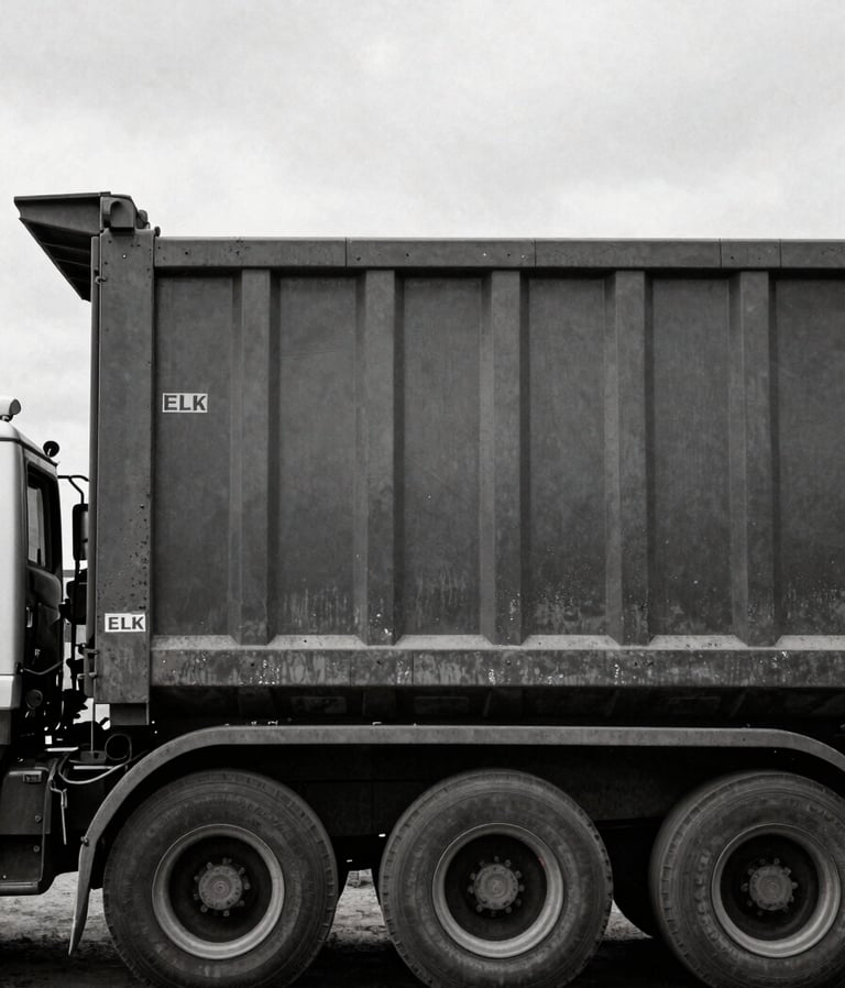 Side view of a heavy-duty Elk Metals roll-off truck with a large industrial container, parked in a processing yard under an overcast sky, high contrast, gritty texture, 35mm film.