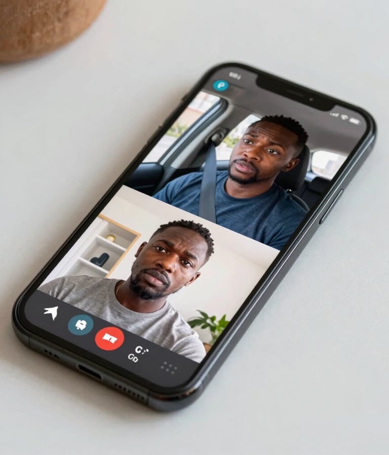 Close-up of a sleek smartphone displaying the Vigilia live call interface with four video panels.