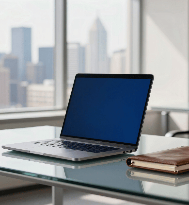 A high-end, modern North American corporate office setting. A clean glass desk features a sleek laptop and a leather notebook. In the background, a blurred view of a city skyline through large windows. The lighting is bright and natural, reflecting an atmosphere of authority and professional success. Deep blue and off-white tones dominate the scene.