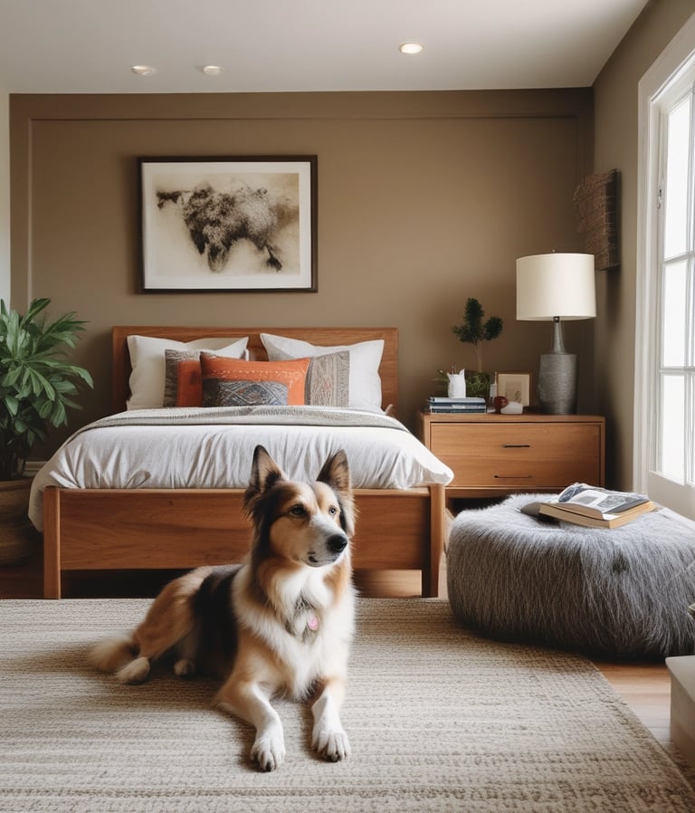 A cozy, sunlit room with soft bedding and a happy dog lounging comfortably.