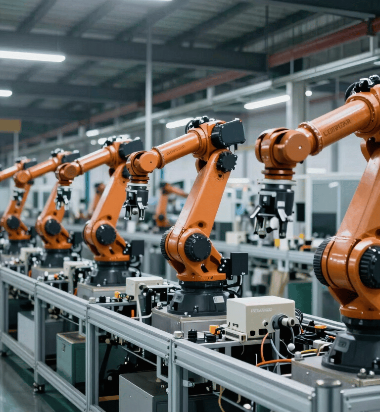 A massive, ultra-modern manufacturing floor in India featuring an array of advanced robotic arms moving in perfect synchronization along a clean assembly line. The environment is polished and industrial, with a color palette of muted steel blue and deep charcoal navy, lit by professional overhead cool-toned lighting.