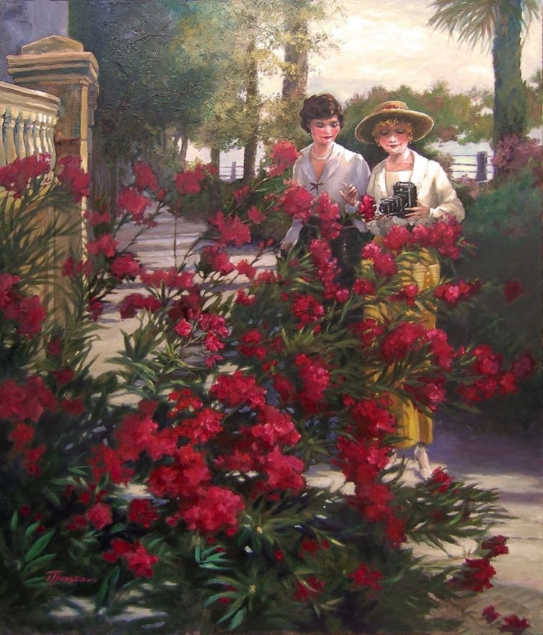 Painting, Charleston, the Battery, two ladies and red oleander flowers next to seawall