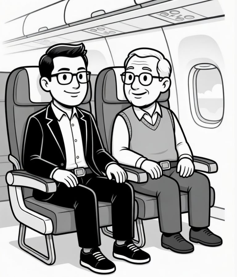 two males catrtoon seating on plane seats 