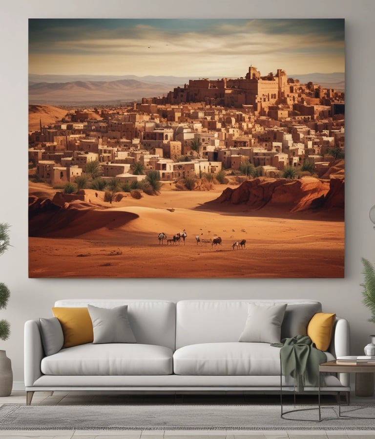 A display of decorative items including colorful ceramic tajines with intricate designs, various painted model structures resembling minarets or towers, ornate lanterns, and vibrant potted artificial plants with red berries and yellow flowers. The arrangement is set against a backdrop featuring mirrors and framed artworks.