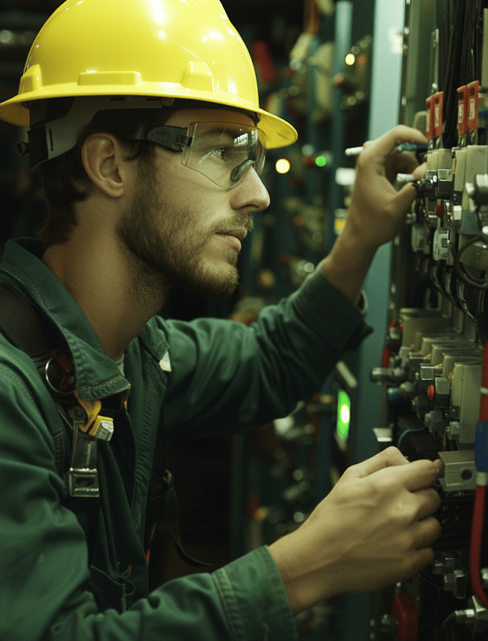 Técnico da Play KRon com capacete realiza manutenção em painel de automação de plataforma elevatória
