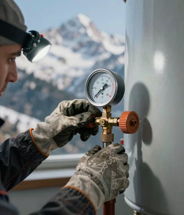 Close-up of a technician's hands adjusting a pressure gauge on a furnace in a utility room, wearing work gloves, with a headlamp illuminating the area, rugged editorial photography, 35mm