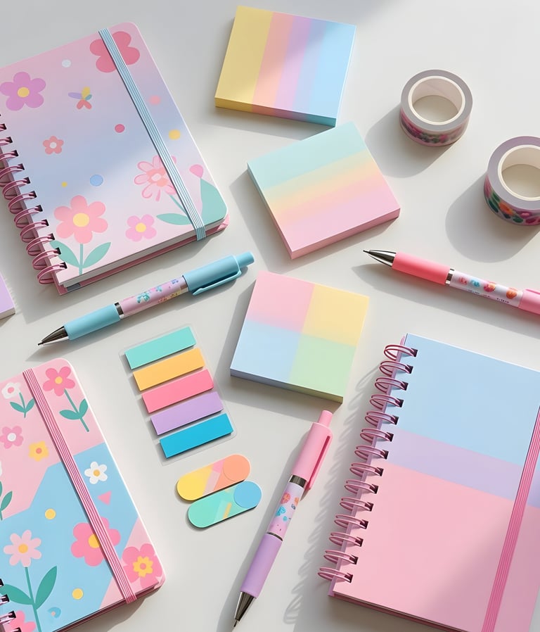 Curated collection of pastel sticky notes and floral sticker books, showcasing the 'Bold Notebooks' category