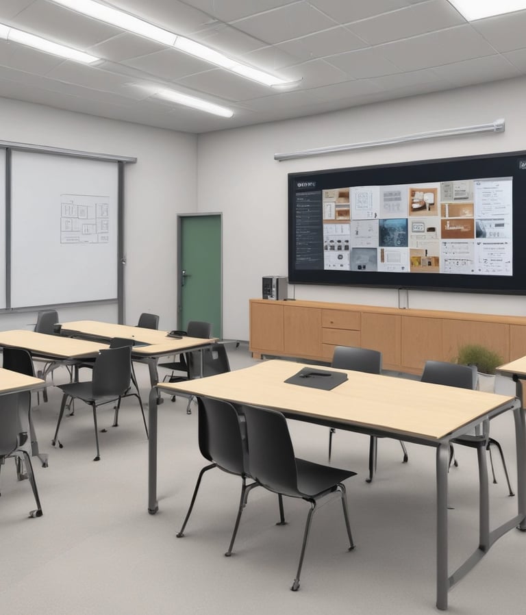 A modern office space featuring various tech gadgets and devices.