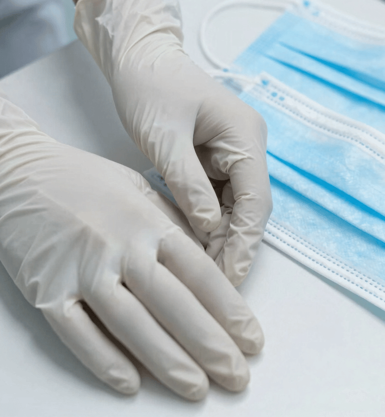 A professional close-up of high-quality nitrile gloves and medical masks arranged on a sterile white surface. The lighting is clean and bright, reflecting a professional North American / US hospital environment. The palette features subtle light blue and white tones.