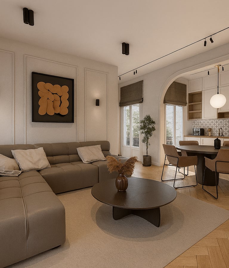 Salle à manger élégante conçue par 1161 Studio à Alger, mêlant style contemporain et touches chaleur