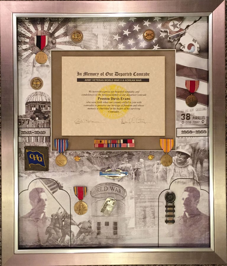 Military shadow box memorial featuring WWII and Korean War medals and photos.