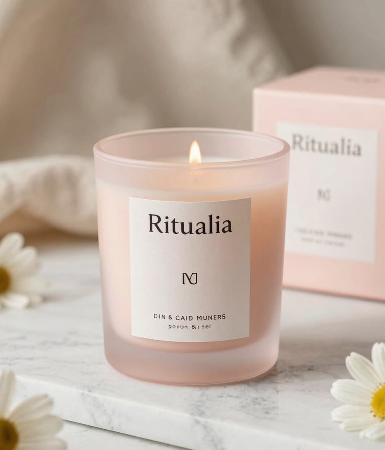 A serene flat lay of a tea cup, dried flowers, and a lit candle on a soft linen cloth.