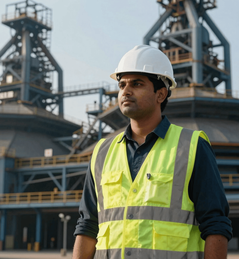 A medium shot of a professional South Asian / Indian site supervisor in a reflective safety vest and white hard hat, standing before a massive steel plant backdrop resembling a SAIL facility. The lighting is crisp morning sun, highlighting the deep midnight blue and slate teal tones of the industrial structures. Modern corporate photography style.