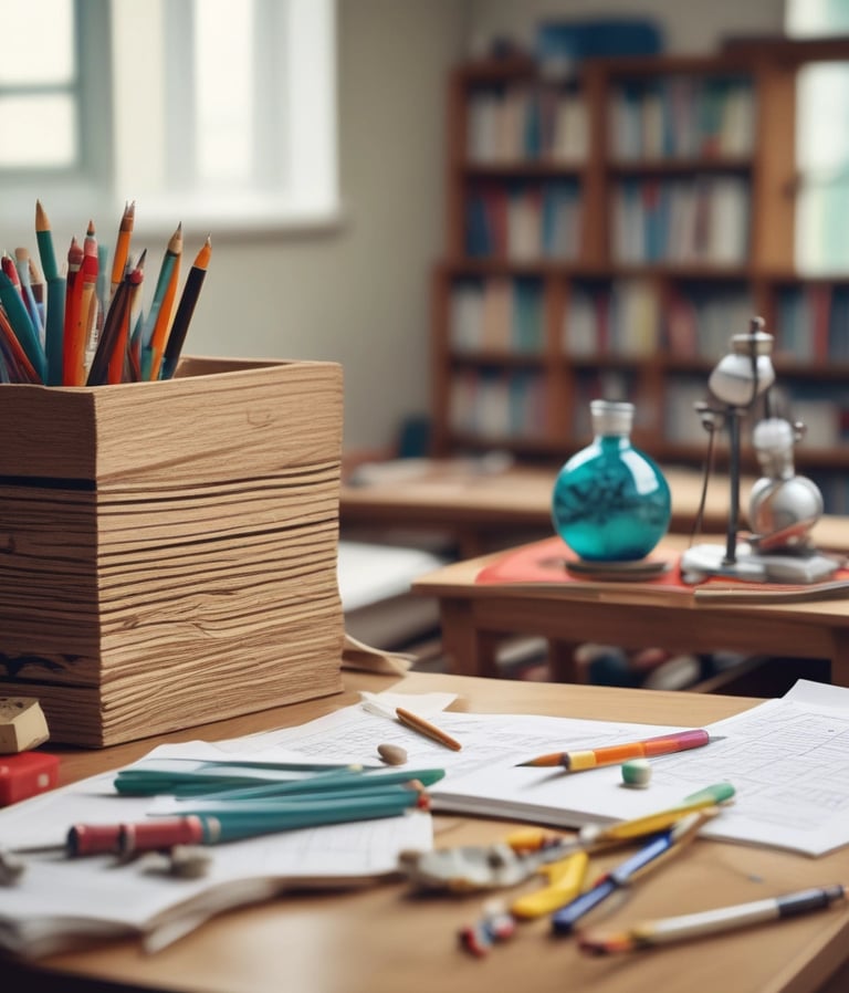 Colorful assortment of school supplies neatly arranged on a desk.
