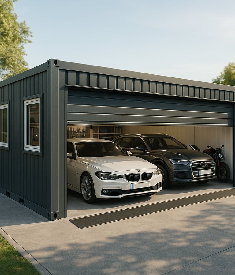 a garage with two cars parked in front of a house