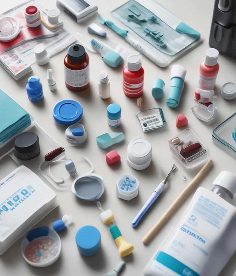 A selection of medical supplies neatly arranged on a table.