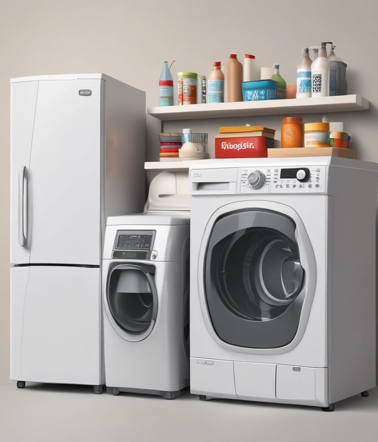 A storefront features various household appliances and furniture. Several refrigerators are placed outside, alongside couches and chairs. The background shows a building with signage and open doorways. A person stands near the entrance.