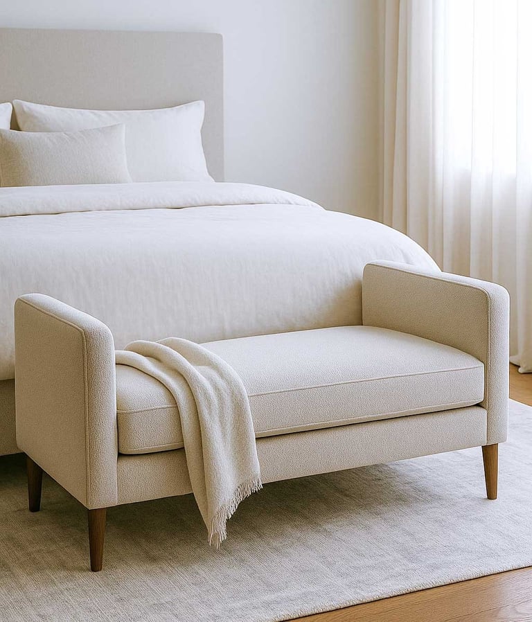 mall bench sofa at the foot of a bed in a cozy, modern bedroom with soft lighting and layered neutral textures.