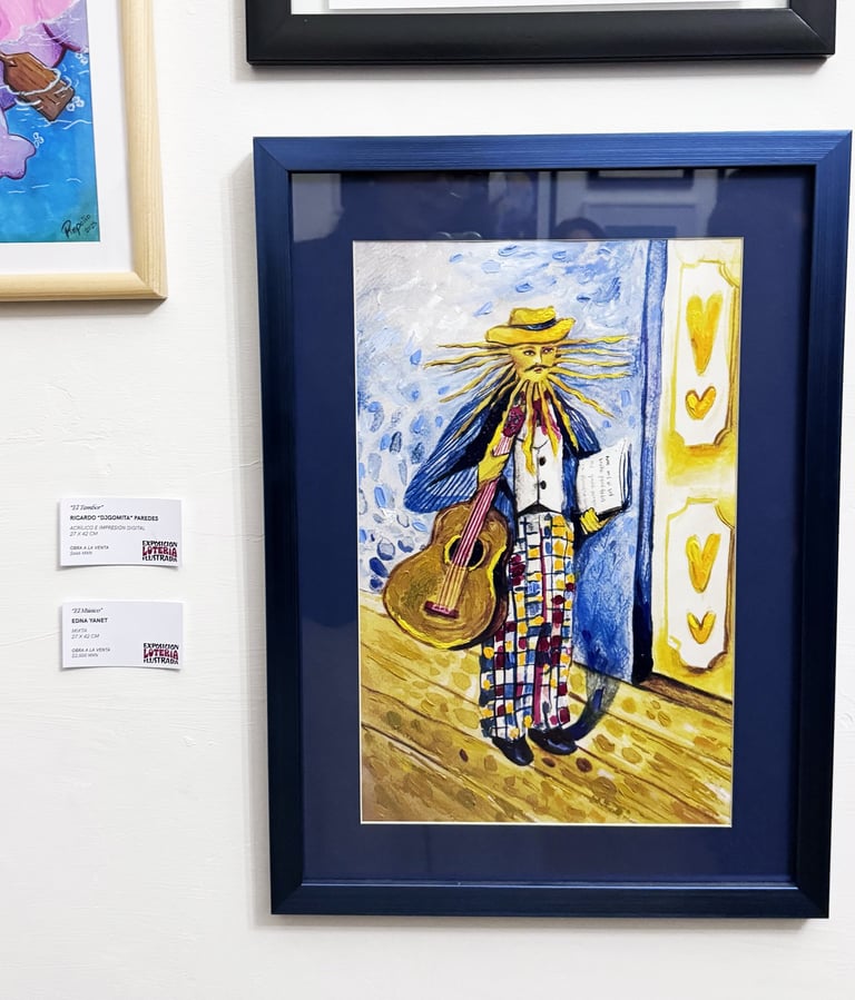 Surreal watercolor painting of a whimsical street musician with a guitar in a blue frame by Edna Yan