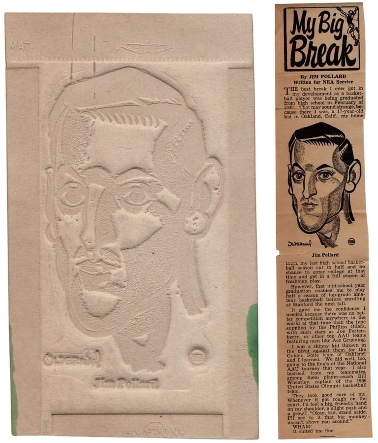 1955 Newspaper Enterprise Association (NEA) Flong Mat Mold of Jim Pollard, art by Murray Olderman.