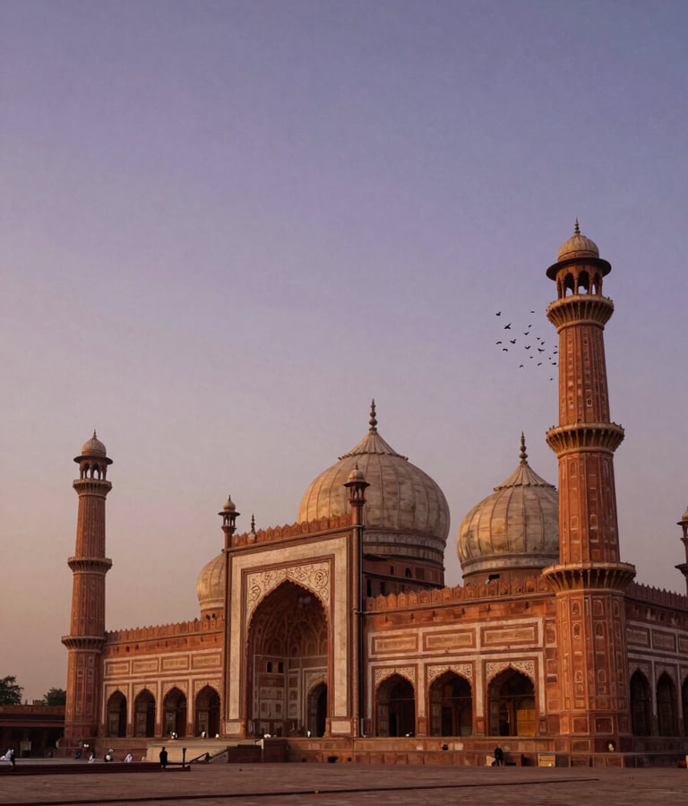 Panoramic dusk view of Badshahi Mosque in Lahore, warm amber and deep purple sky fading behind the Mughal domes and minarets, a flock of birds lifting from the right minaret, soft ambient ground lighting catching the carved sandstone façade, wide environmental frame with the mosque placed right of center and open sky dominating the left third