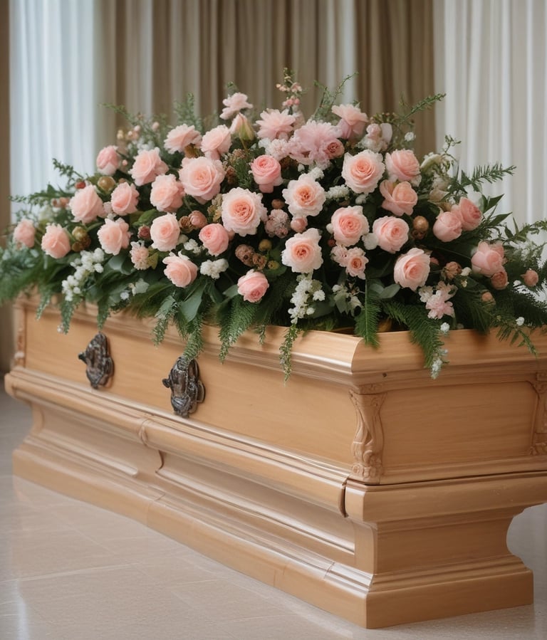 blumenschmuck auf dem sarg in der trauerhalle