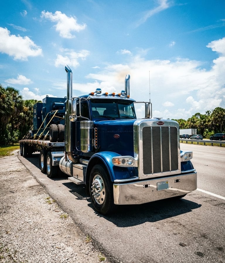 Low-angle heroic shot of a clean, heavy-duty semi-truck parked on a Florida highway shoulder under bright midday sun, cargo straps visible, wide-angle lens, 35mm, high-contrast saturated tones.