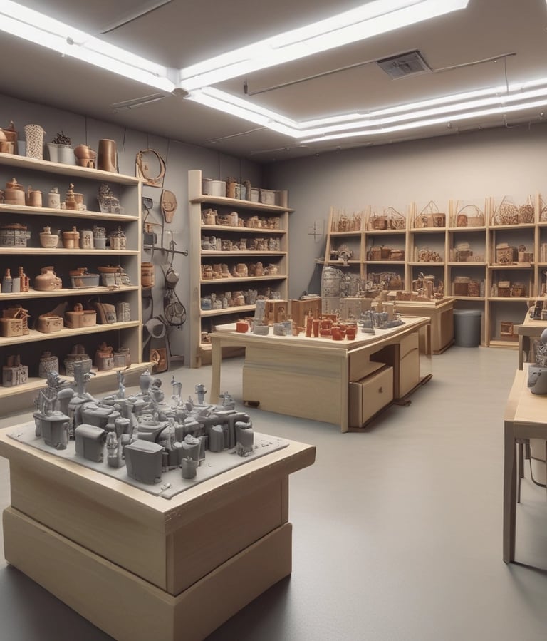 Various colorful 3D-printed creatures and objects are arranged in wooden trays on a table. The objects include dinosaurs, insects, and other shapes made from plastic. The scene is set outdoors with sunlight casting shadows, and each tray has a price label.