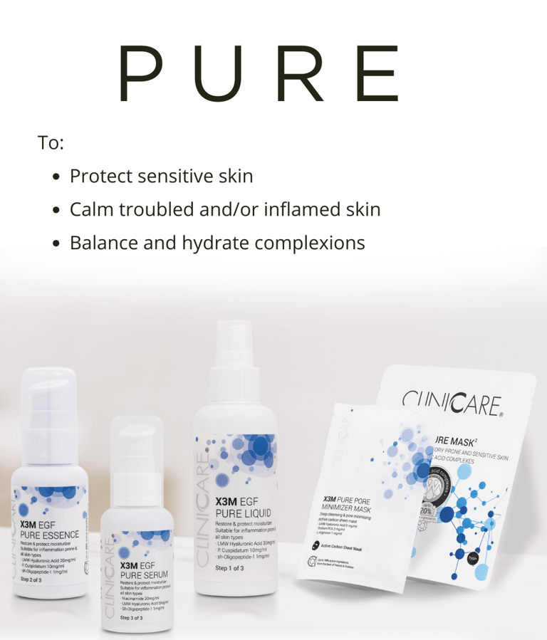 CLINICARE X3M EGF Pure skincare range for sensitive skin including essence, serum, liquid, and sheet masks.