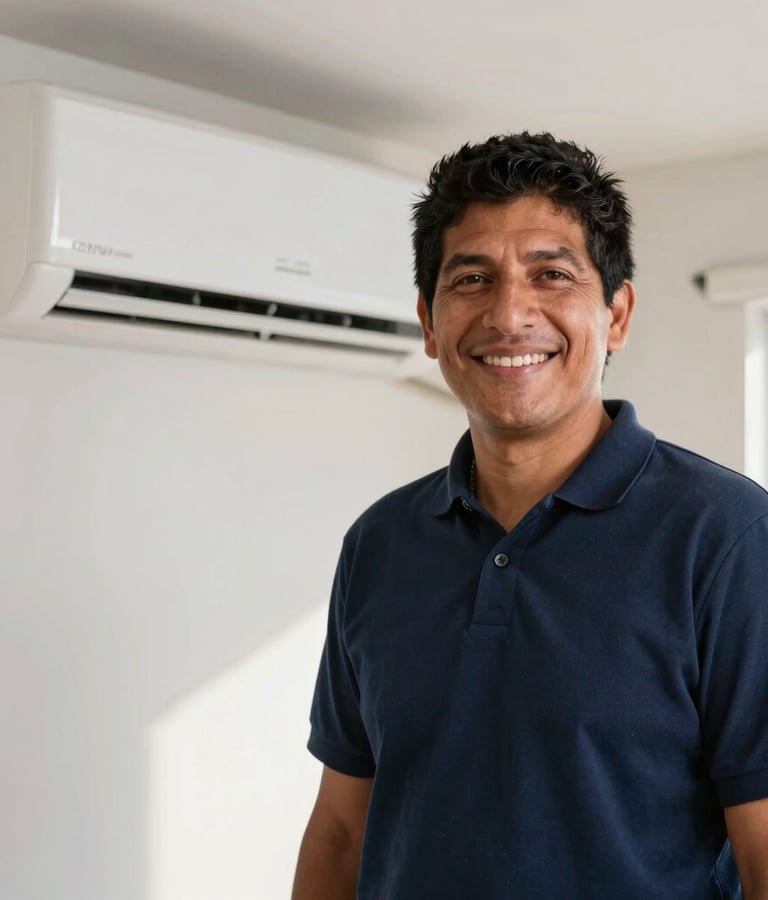 A portrait of a friendly South American technician smiling at the camera, wearing a dark blue polo shirt, standing next to a clean domestic air conditioning unit mounted on a light-colored wall, bright morning light.