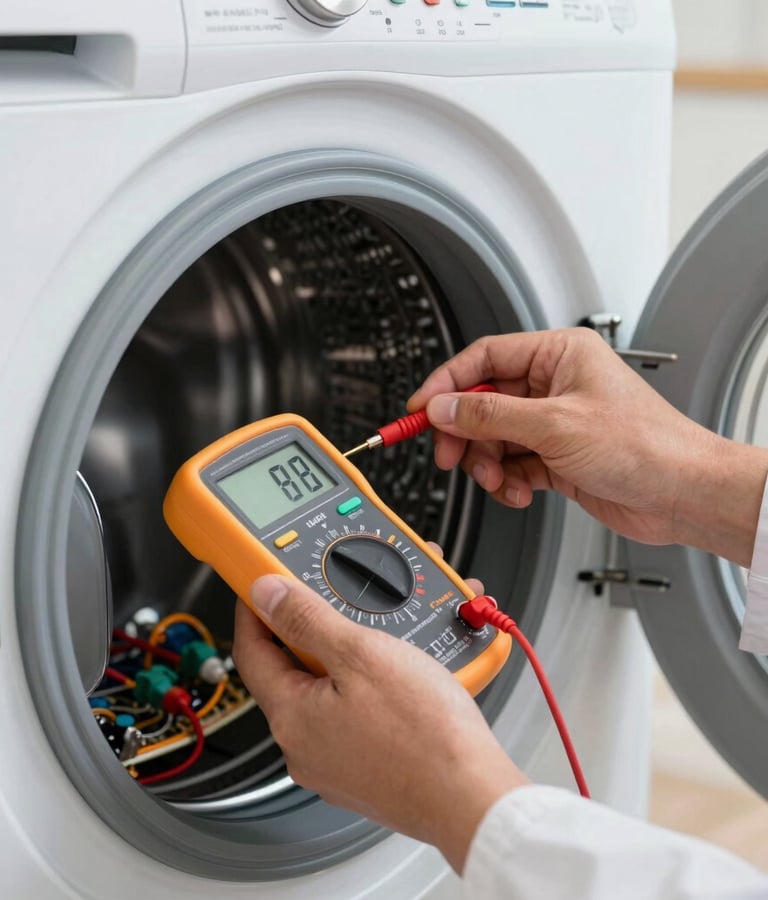 A detailed close-up shot of a technical expert's hands using a professional digital multimeter to test electrical components inside a modern white washing machine in a bright laundry room in Cali, Colombia.