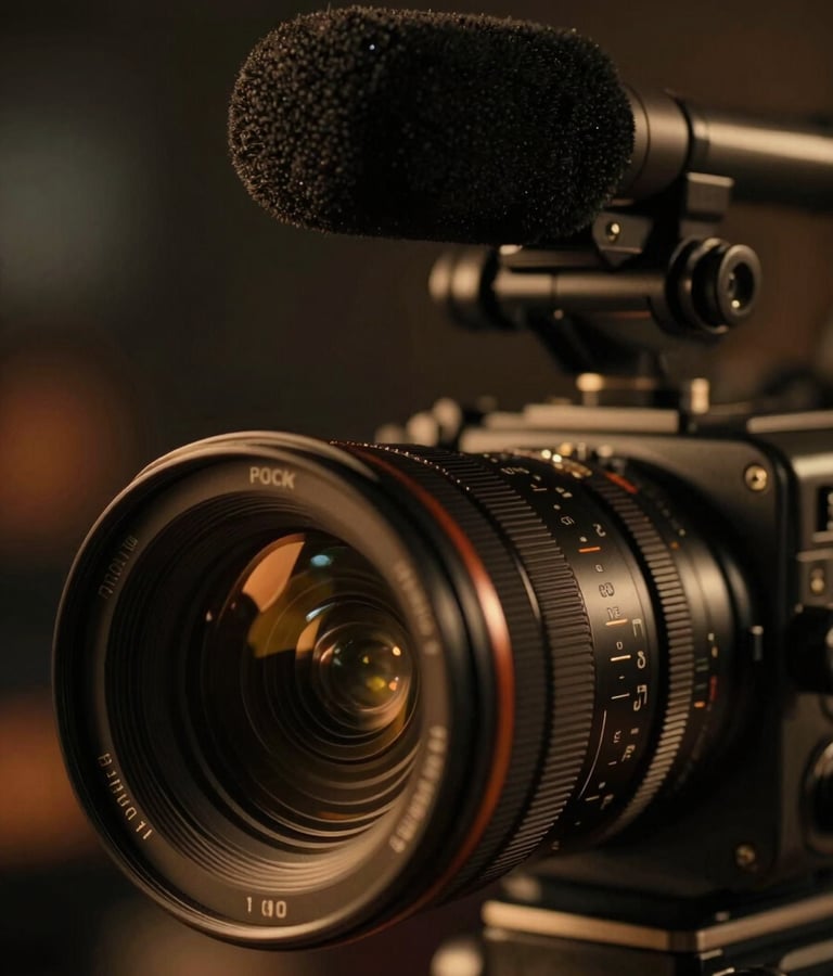 Close-up shot of a high-end cinema camera lens and a premium microphone, amber lighting, shallow depth of field, dark moody background with subtle bokeh, cinematic film photography style.