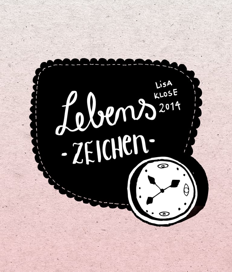 Schwarze Vignette mit dem handgeschriebenen Titel des Buchs "Lebenszeichen" und einer Uhr