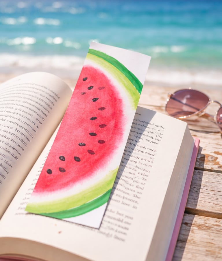 Open book with a watermelon bookmark on a beach table with sunglasses and ocean background.