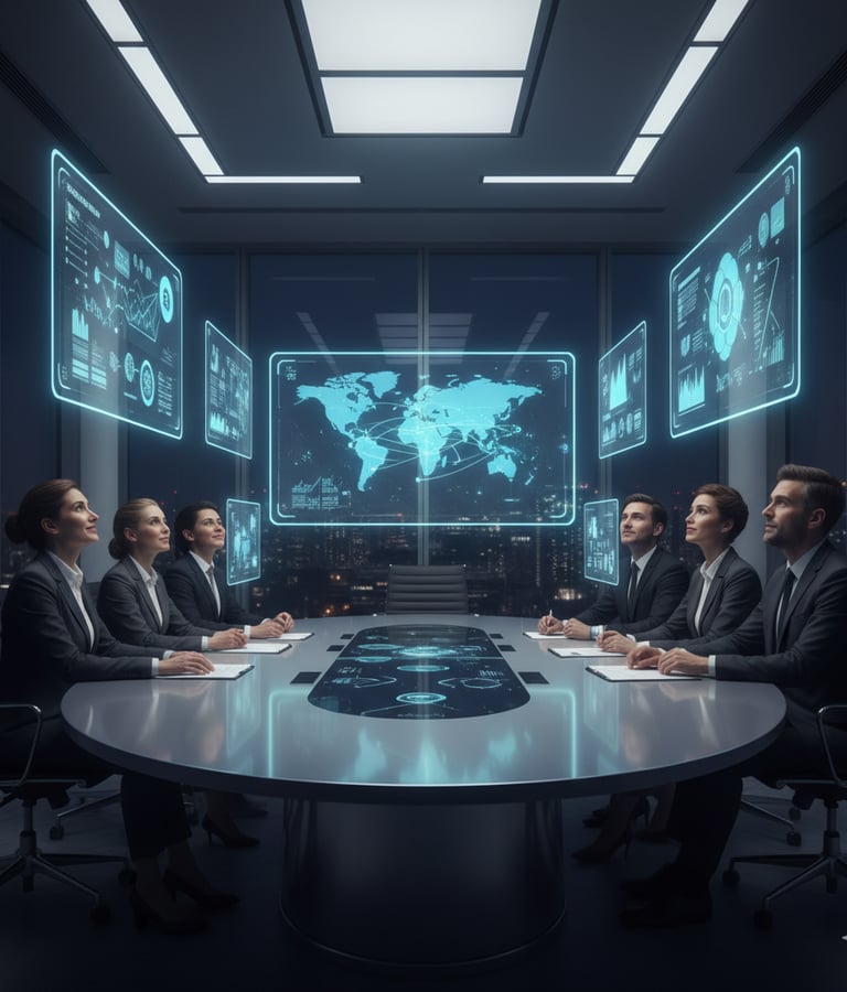 AI-powered presentation tools showing futuristic slides in a modern boardroom.