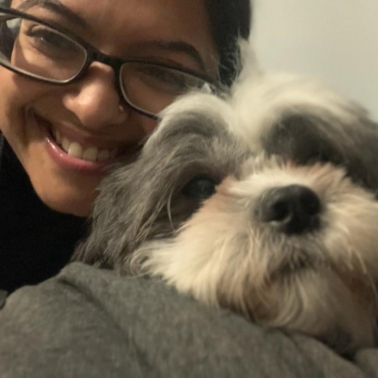 Local pet sitter smiling and cuddling small grey and white dog, a Shih Tzu cross Bichon