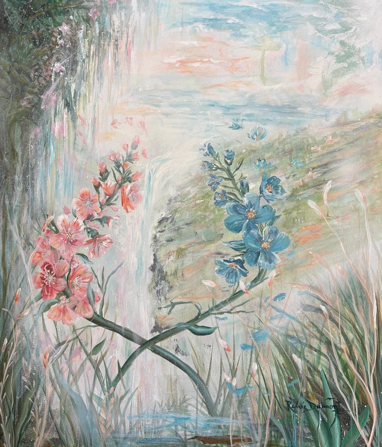 floral landscape painting with cherry blossoms and waterfall impressionist style