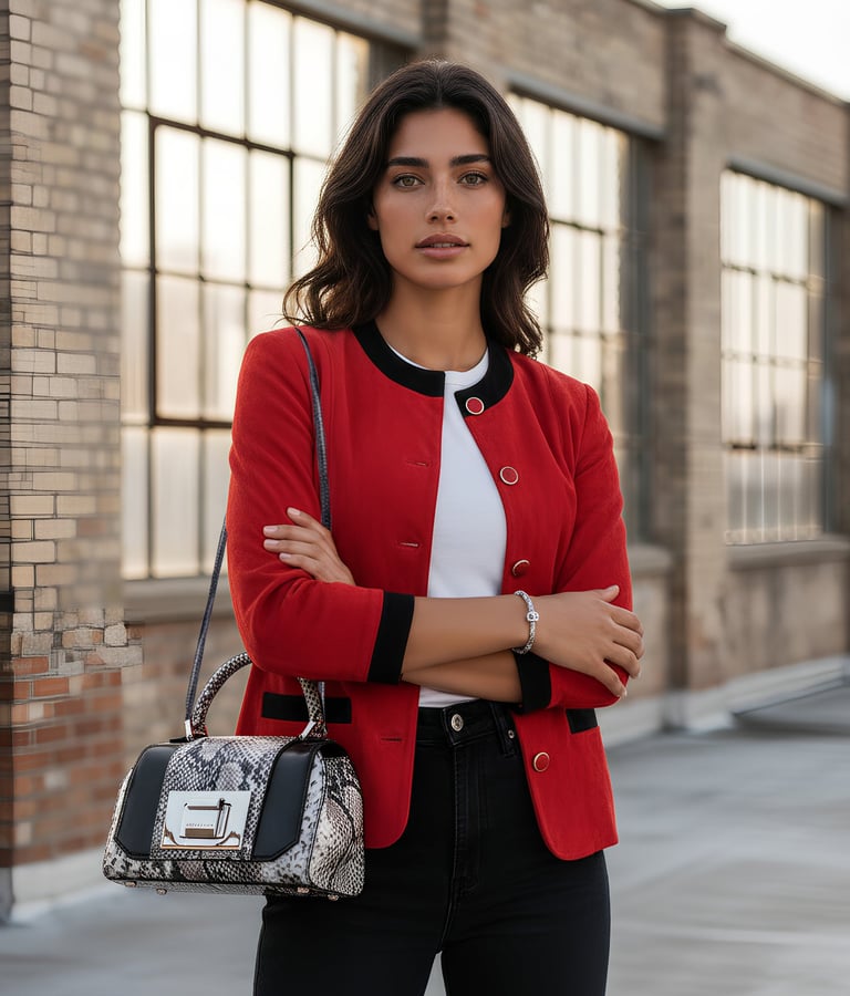 Woman in a red jacket and black jeans posing with a snakeskin luxury handbag outdoors.