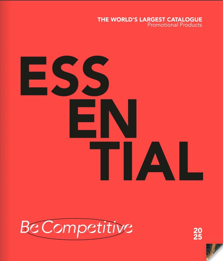 Red 2025 Essential promotional products catalogue cover with bold black typography.