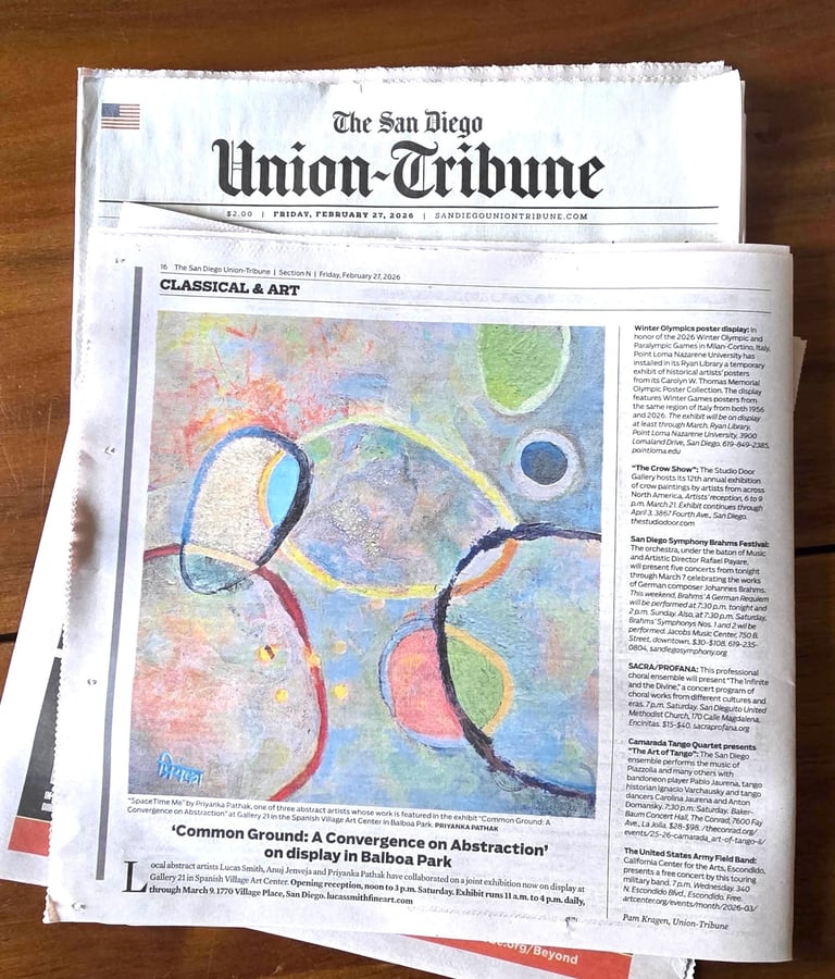 SpaceTIme Me, a highly textured abstract painting by Priyanka Pathak in the newspaper