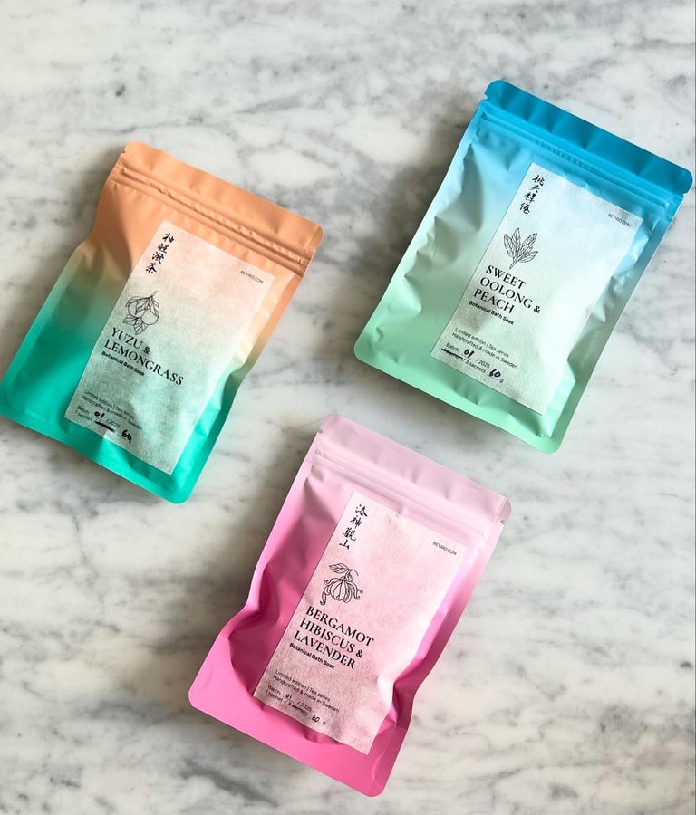 three different tea series botanical bath soaks. Premium day spa and self care product -single use.