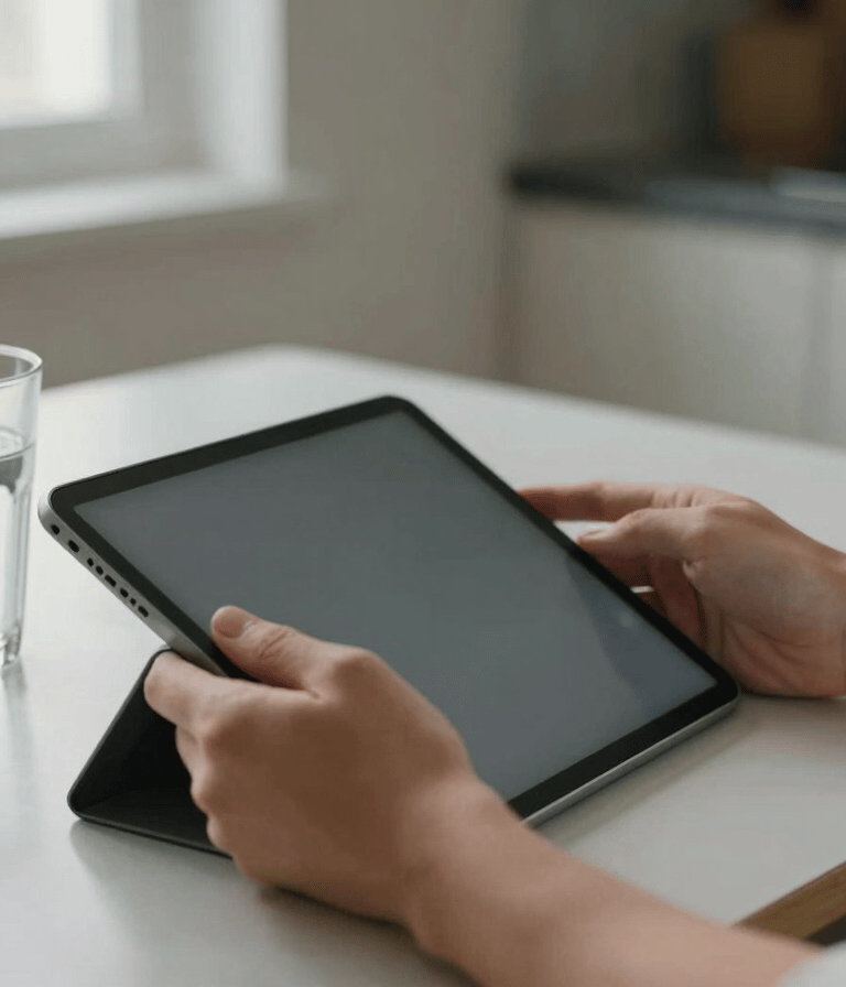 Close-up of a patient's hands holding a tablet on a quiet kitchen table, soft natural window light, a half-finished glass of water nearby, calm domestic setting, no eye contact with camera
