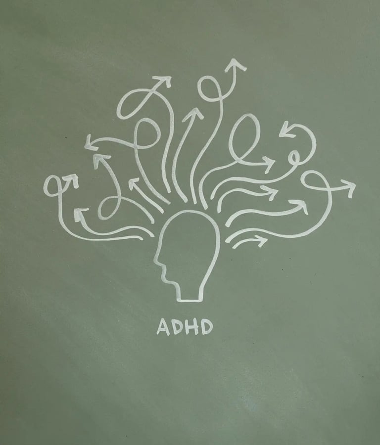 Chalk drawing of a human head with tangled arrows representing ADHD brain activity and focus.