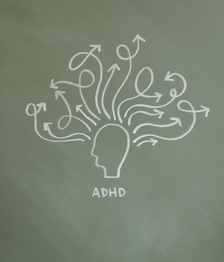 A depiction of a head silhouette with many arrows pointing in various directions, symbolising ADHD