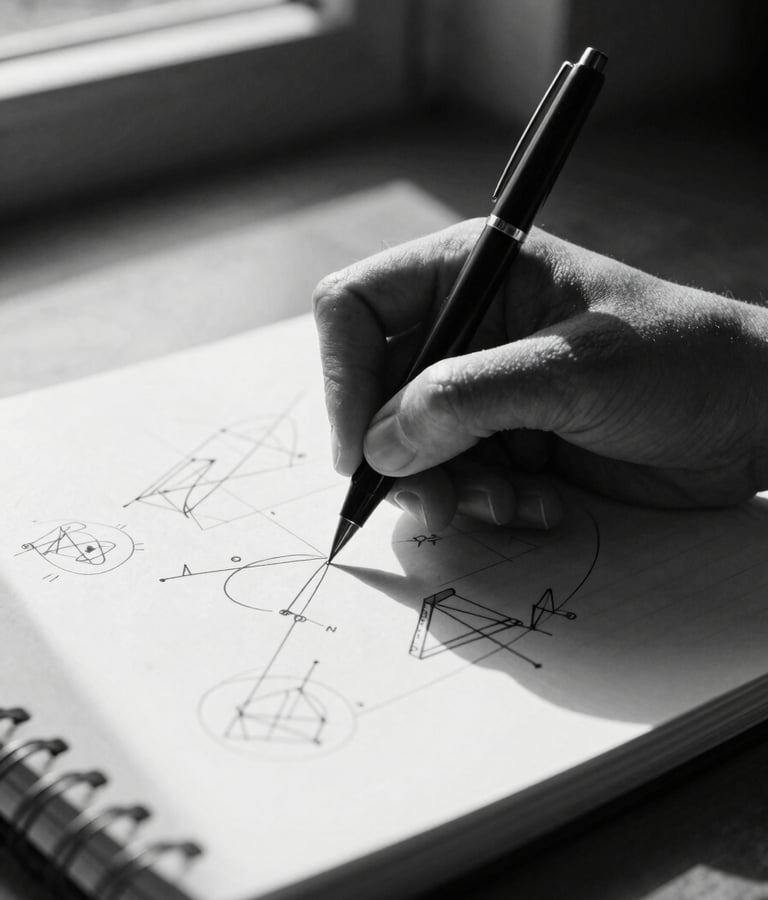 High-contrast black and white close-up of hands writing complex diagrams in a physical notebook, strong directional light creating deep shadows, focus on the details of the pen and paper, in a modern workspace.