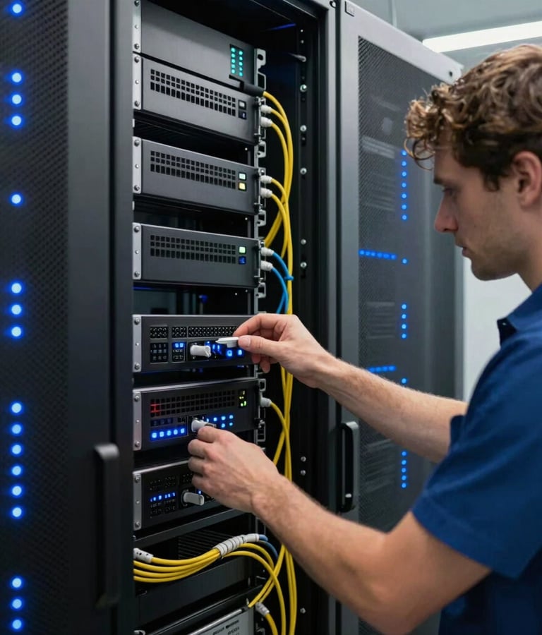 A professional photography of a modern server room in Germany with clean lines, glowing slate blue indicator lights, a technician carefully managing cables, crisp details, commercial lighting.