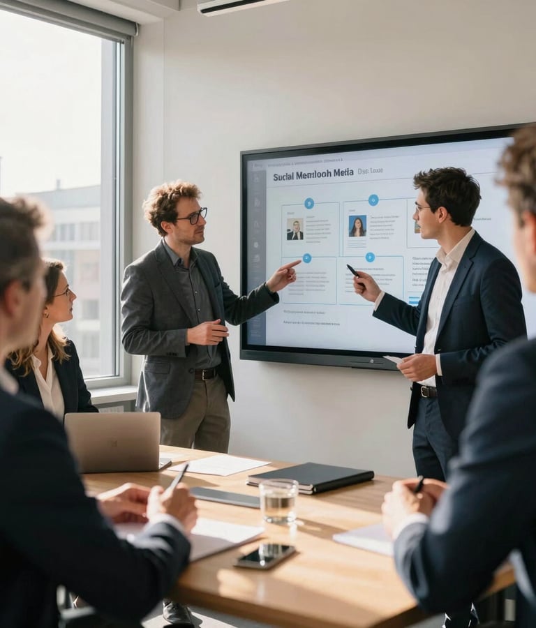 A business meeting in a bright Hamburg office, colleagues discussing a social media content strategy on a digital board, warm natural sunlight, professional attire, candid and authentic style.