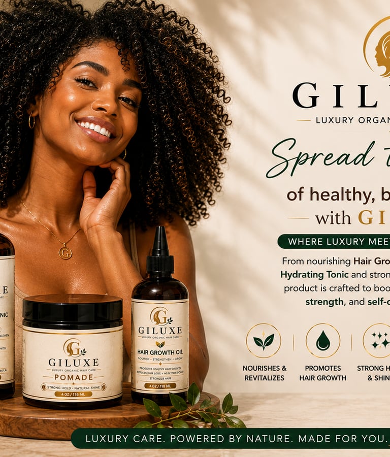 Smiling woman with curly hair showcasing Giluxe organic hair growth oil, tonic, and pomade.