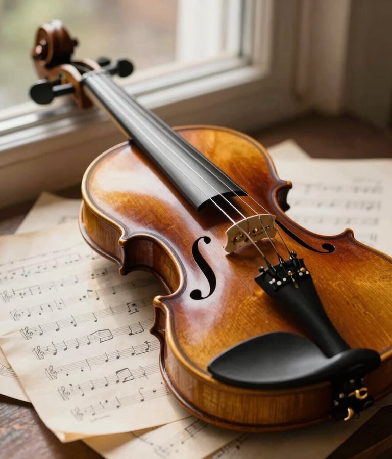 A close-up photograph of a vintage, beautifully crafted violin resting on a stack of aged, classical sheet music. Golden-hour light from a window in Dudley, West Midlands, highlights the rich texture of the wood and the elegant curves. Sophisticated, nostalgic, and quiet.