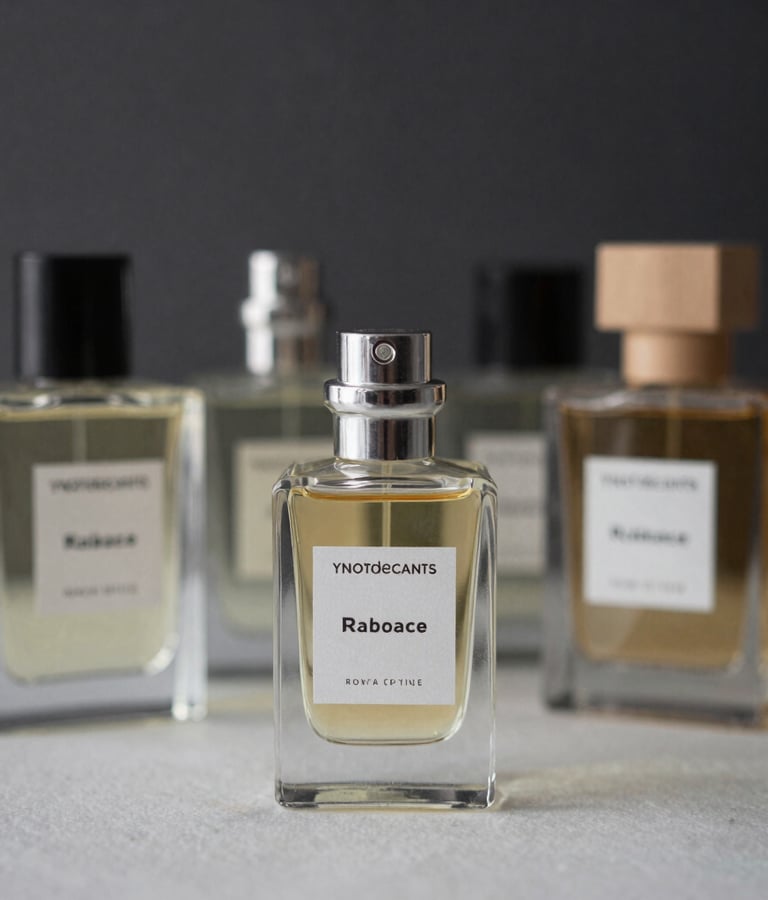 Close-up of elegant 10ml cologne decant bottles arranged on a wooden surface with soft natural light.